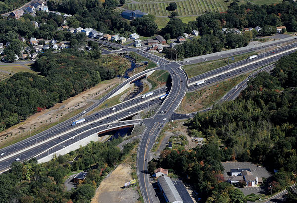Facing North, I-84 with Harpers Ferry road bridge, new on- and off-ramps, and new Reidville Drive, Plank Road and Plank Road East